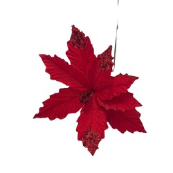 Flor Navideña Tipo Cardinal Roja Con Brillo De 40Cm